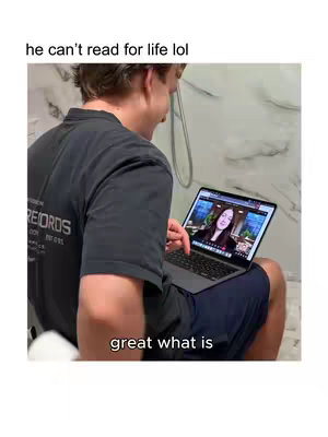 A person is sitting on what appears to be a toilet, holding a laptop in their lap. They are looking at the laptop screen, which displays the image of another person on a video call. Text overlays appear on the top and bottom of the image.