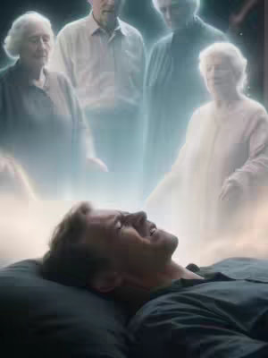 A man lies in bed, eyes closed and face contorted in emotion, as ethereal figures of older people, possibly ancestors, float above him. The figures are semi-transparent and surrounded by a soft, glowing light, suggesting a dream or spiritual experience. The color palette is subdued with cool tones, creating a serene yet melancholic mood.