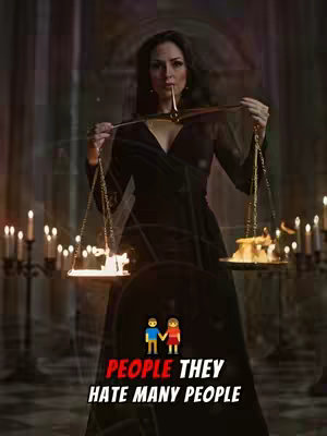A woman in a flowing black dress stands in a dimly lit room, holding a balance scale. Flames appear to be in each scale. Text at the bottom reads, 'PEOPLE THEY HATE MANY PEOPLE,' with small people emojis above it. Candles and a blurry background adds to the mystic ambiance. The composition is vertical, enhancing the visual impact.