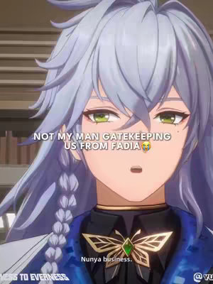 The cover image features a close-up of an anime-styled male character with long, silver hair and green eyes. Text overlays are positioned to the top and bottom portions of the frame. The character wears a black and blue outfit with a golden emblem and has a somewhat neutral expression.