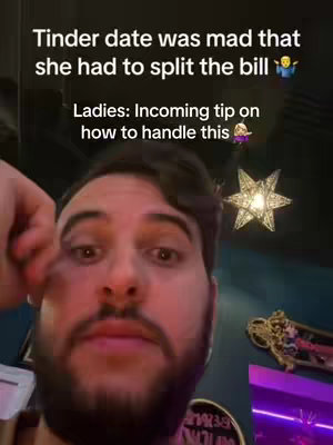 A selfie-style shot featuring a man looking at the camera with a slightly concerned expression. Text overlays appear at the top, describing the situation.