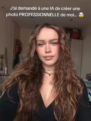 A young woman with long, wavy brown hair and a dark top poses for a selfie. Above, white text highlights that the image shows a "PROFESSIONNELLE" photo created by AI. The background, though slightly blurred, appears to be a room with soft lighting.