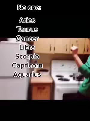 A video cover shows a kitchen scene with a person on the right side, possibly holding something and reacting. Text overlays a list of zodiac signs.