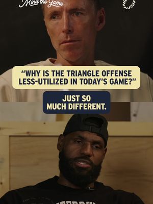 The image is a vertical split screen. The top half features a light-skinned man with short hair and a serious expression. He is wearing a light-colored shirt. Overlayed on this part of the image is a light yellow rectangular text box containing the question "WHY IS THE TRIANGLE OFFENSE LESS-UTILIZED IN TODAY'S GAME?" and below that a navy rectangular text box with text "JUST SO MUCH DIFFERENT". Below, in the lower half, the image is of Lebron James wearing a black cap and shirt. He has a serious expression. The background is a blur.