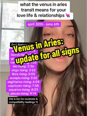 A selfie-style video cover image features a young woman with long, brown hair, centered in the frame. She appears to be indoors, with a window and blinds visible in the background. Overlaid on the image are several text elements: a white banner at the top with the words "what the venus in aries transit means for your love life & relationships" and a pink bubble with the text "april 30th - june 6th."