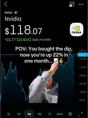 The cover image shows a stock market chart with the value of Nvidia ($118.07) displayed. Text overlay includes "POV: You bought the dip, now you're up 22% in one month..." A hand is reaching towards the chart with a money bag icon.