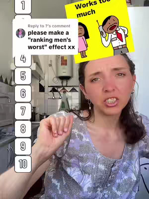 A woman with brown hair and a patterned top is centered, gesturing with her right hand. She is in a kitchen setting. To the right is a cartoon image of a man on the phone and an upset/concerned woman, both are placed on a yellow sticky note that reads "Works too much". On the left there is a list of numbers 1, 4, 5, 6, 7, 8, 9, 10