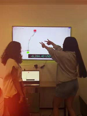 Two women are standing in a room, in front of a large TV screen displaying a stock chart with a green and red line. The woman on the right is pointing at the screen, and the screen also shows the value 6,266.40 USD, while the laptop right below it showing a similar looking chart. Both women are wearing casual clothes.