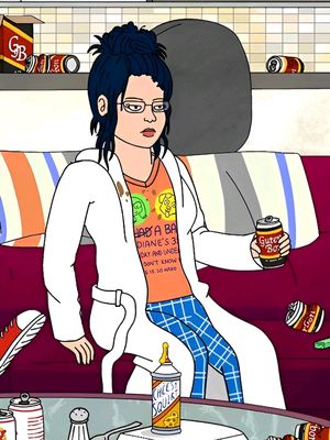 An animated image from the show BoJack Horseman featuring Diane Nguyen sitting on a red couch with a drink in hand, surrounded by cans and debris. She is wearing casual clothes and has a tired expression. The background has a tiled wall.