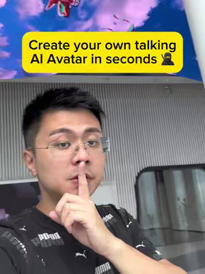 A cover image featuring a man in a semi-formal setting, holding a finger to his lips in a shushing gesture. A yellow rectangular banner above the man displays the hook text about creating an AI avatar, alongside a ninja icon. The man is wearing glasses and a Puma t-shirt. The background suggests an indoor location with horizontal design.