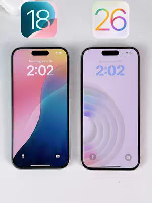 The image shows two iPhones side-by-side. The iPhone on the left features a pink and blue gradient wallpaper, while the one on the right has a purple and white, more abstract wallpaper. Above the phones, there are two app icons. The icon on the left is marked '18' in a teal and pink design, and the icon on the right is marked '26' with multi-colored text.