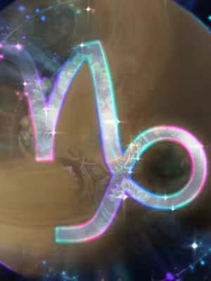 The image depicts the astrological symbol for Capricorn. The symbol is a stylized, light-blue glyph, suggesting a goat's tail or the letter 'V' with a loop. It is set against a blurred, colorful background with purplish and teal accents, suggesting a mystical or celestial theme. The glyph has a glowing, iridescent effect.
