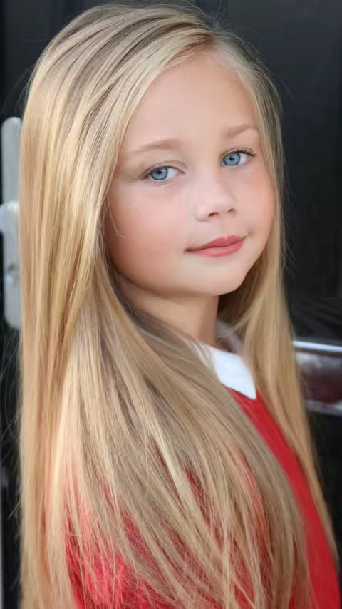 A young girl with long blonde hair and blue eyes is the central focus, set against a blurred neutral background. She's wearing a red top with a white collar. The overall composition features soft lighting and a friendly, approachable demeanor.
