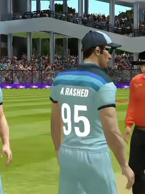 The image showcases a cricket player in a stadium setting. The player, viewed from the back, is wearing a light blue jersey with the number 95 and the name "A RASHED" on the back. A baseball cap and sunglasses are worn by the player.