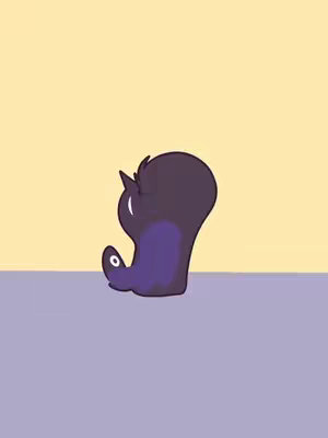 An animated cartoon character, presumably a void pet, bends over with his back to the viewer. The character is dark blue-purple with a light-yellowish background and purple ground, which may be a table or floor.