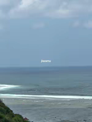 A scenic view of a tranquil ocean stretching towards the horizon, with a foreground of lush green vegetation and a hint of a small structure. The sky is a light, overcast blue.