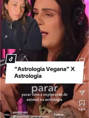 The image is a vertical video screenshot. It displays a nested video composition with two primary video feeds: on the upper left corner, a webcam view of a person, likely the content creator; and on the rest of the screen, another person is centered talking in a studio or similar setting. There is an overlayed text on an opaque white rectangle which has the title: 'Astrologia Vegana X Astrologia' in bold, black font. Below this text is another white rectangle with the word 'parar' and below this, the text in black 'parar com a exploração de animal na astrologia'. The background is a light peach or pink with other media player controls partially visible at the bottom, including the TikTok logo and the profile picture of the creator.