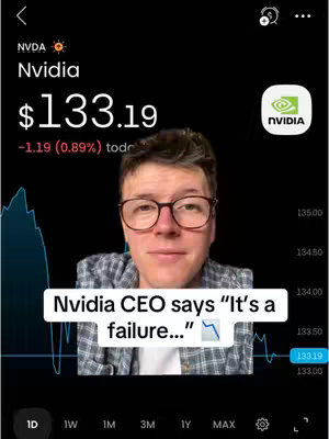 A man with glasses is centered in the image, set against a background that appears to be a live stock trading interface. Text overlays include the Nvidia logo and the stock price. The man is smiling while below him is a text hook.