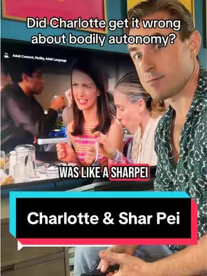 The cover image includes the creator recording the screen. The screen shows parts of an episode of Sex and the City. The creator's face is in the foreground, partially obscuring a scene from the show where Charlotte is reacting. Text overlays are added to the image.