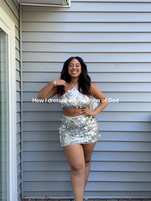 The cover image shows a woman in a silver sequined two-piece outfit. She is smiling and posing against a grey wooden backdrop. Text overlayed on the image reads 'How I dressed when I knew of God'.