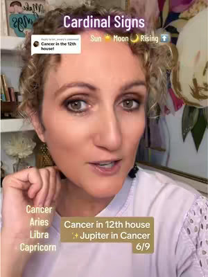 A woman with curly hair looks towards the camera, with text overlays about astrology.