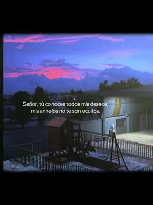 A dusk scene viewed through a window is depicted. Deep purple and pink hues dominate the sky, suggesting sunset or sunrise. In the foreground a building rooftop with a small brown wooden structure. Text in spanish is superimposed on the sky.
