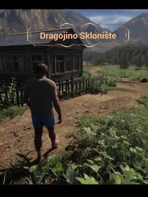 A man walks away from the camera towards a wooden house in a rural setting. The house is placed to the left with text overlay. The background consists of mountains and forested areas. The color palette includes greens from the vegetation, browns from the house and path, and a blue sky.