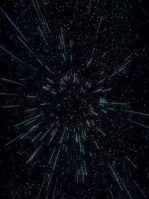 An abstract image of a dark blue space filled with numerous small white stars. Streaming from the center are lines, appearing as a light cyan color, radiating outwards and increasing in both in length and quantity as they spread from the center outwards.