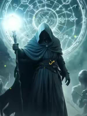 The cover image shows a cloaked figure in a hooded robe, holding a staff emitting a bright light. Behind the figure is a circular design with runes. The overall color scheme is dark blues and greens, suggesting a mystical or fantasy theme. The text overlayed on the image includes Arabic script.
