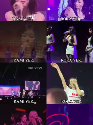 A montage of video clips showcasing two female K-pop performers, Rami and Rora, in concert. The image is split into several sections; each alternating between Rami and Rora. Text overlays identify each performer. The color palette includes various stage lighting such as white, purple, and pink. The layout is a grid, each cell displaying a different performance moment.