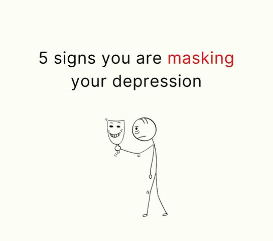 A simple black and white cartoon illustration on a white background. The image features a stick figure holding a smiling mask in front of their face while looking sad. Text is overlayed above the figure. The image's composition is minimalist, with the focus on the character and message.