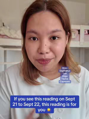 A woman with brown hair and a white shirt is centered in the frame. Text overlays appear on the image, including a list of zodiac signs and a message regarding a reading.