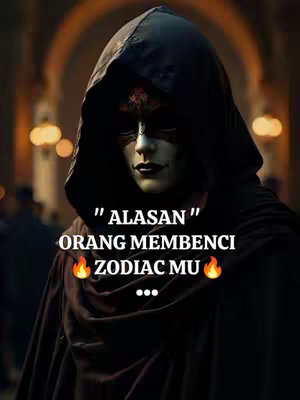 A dark, stylized image featuring a person wearing a hooded cloak and a mask covering the lower face. The figure stands in front of an arched architectural background with blurred lights, creating a mysterious atmosphere. Text overlayed in the image reads "ALASAN" (REASON) and "ORANG MEMBENCI ZODIAC MU" (PEOPLE HATE YOUR ZODIAC).