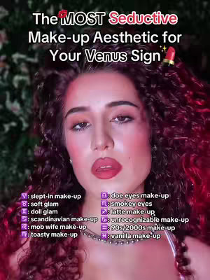 A woman with curly dark hair and makeup stares directly at the camera with list of make-up aesthetic options displayed behind her.