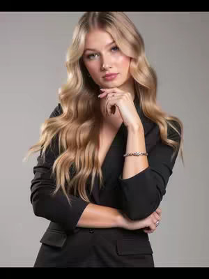 A woman with long blonde hair poses in a black blazer against a neutral background. She is looking at the camera with a slight smile, with her hand near her chin, adorned with jewelry. A bracelet is visible on her wrist.