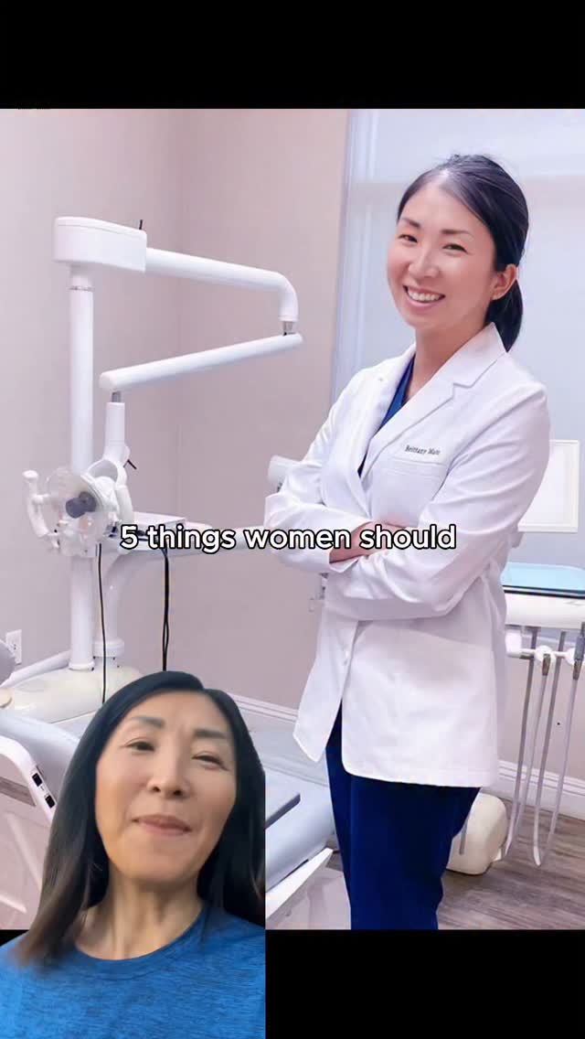 The cover image presents a split-screen. The top part shows a smiling woman in a white lab coat in what appears to be a medical or dental office. The text overlay indicates the content is about things women should do. The bottom shows a close-up of a woman's face.