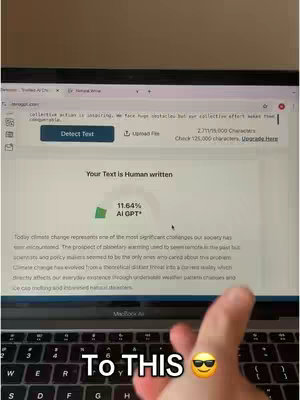 A laptop screen displaying a text analysis tool. The screen shows a detected text with a human-written percentage and an AI detection percentage. A hand points toward the screen, with a 'TO THIS' overlay with sunglasses emoji.