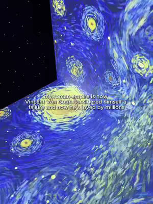 The image shows an immersive visualization of Van Gogh's "Starry Night" painting, projected onto the walls of a room. The perspective is from a low angle, looking up into the swirling blue and yellow patterns of the artwork. Overlayed text appears towards the bottom of the frame.