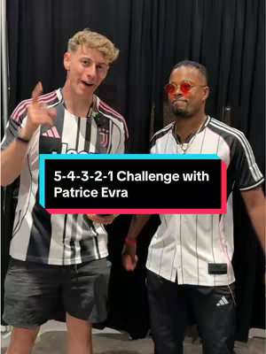 Two men stand side by side in front of a dark background. On the left, a man with light hair points. Patrice Evra, in sunglasses and a jersey, stands to the right with his arms at his side . A color-blocked text box with the video title is in the center.