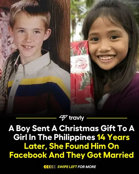 A split image with two photographs. On the left, a young boy with blond hair and a colorful shirt is seen. On the right, a young girl smiling, holds a wrapped Christmas present. Text appears below this, reading, "A Boy Sent a Christmas Gift To A Girl In The Philippines 14 Years Later, She Found Him On Facebook And They Got Married," with swipe left direction.