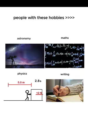 The image is a grid showcasing various hobbies, with the title 'people with these hobbies >>>>'. Each hobby is represented by a picture: astronomy (telescope under a starry sky), maths (equations), physics (a stick figure pushing a box), writing (a hand writing in a notebook).