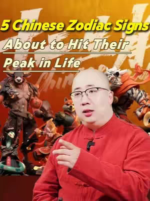 An image featuring a man wearing glasses and a red shirt in front of animated statues of Chinese Zodiac animals. The words "5 Chinese Zodiac Signs About to Hit Their Peak in Life" has been added to the image.