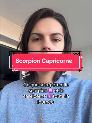 A woman with brown hair and a blue top is centered, looking at the camera. A horizontal red banner labeled "Scorpion Capricorne" overlays part of her face. Below, text in white is laid over the image, with a caption talking about scorpio and capricorn signs.