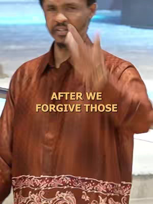 A man in a brown patterned shirt is seen from the chest up, looking slightly to the side with a gesture as if pointing with his index finger. Overlaid on the image is a text overlay, with large lettering that says 'AFTER WE FORGIVE THOSE'. The background is blurred.