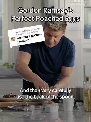 A close-up shot of Chef Gordon Ramsay in a kitchen, focused on his actions. He's wearing a dark blue T-shirt and working with eggs and a spoon. Overlay text with the title, a comment from a viewer, and instructional text are present.