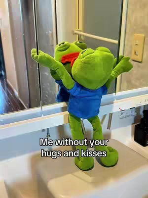 Two plush frog toys in a bathroom setting stand next to each other, with one appearing in a mirror. The primary frog is green and wearing a blue shirt. Text overlayed on the image says, "Me without your hugs and kisses."