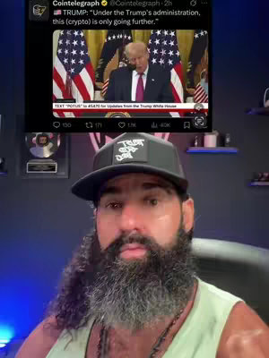 A selfie-style video cover. The video is split with a screenshot from what seems to be a tweet by Cointelegraph. The screenshot features a video still of Donald Trump, wearing dark suit and tie. In the main part, the creator of the video, a man with a beard, a hat and dressed in a tank top.