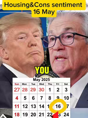 The cover image presents a split view featuring images of Donald Trump and Jerome Powell, overlaid with text and a calendar. Trump is on the left, facing the viewer, while Powell is on the right. Above them, text reads 'Housing & Cons sentiment' followed by '16 May'. Below, the word 'YOU' is centered above a calendar showing the month of May 2025, with the 16th highlighted. An arrow points to the highlighted date.