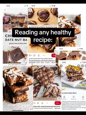 The cover image is a collage of smaller images arranged on a light-colored background. The images feature a variety of food items, mainly consisting of chocolate-covered treats, such as bars and filled dates. A large, dark, rectangular text overlay at the center highlights the text.