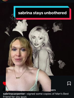 The image shows a woman in the foreground with a smiling, friendly expression, superimposed on a black and white photo of Sabrina Carpenter, along with text that says "sabrina stays unbothered."